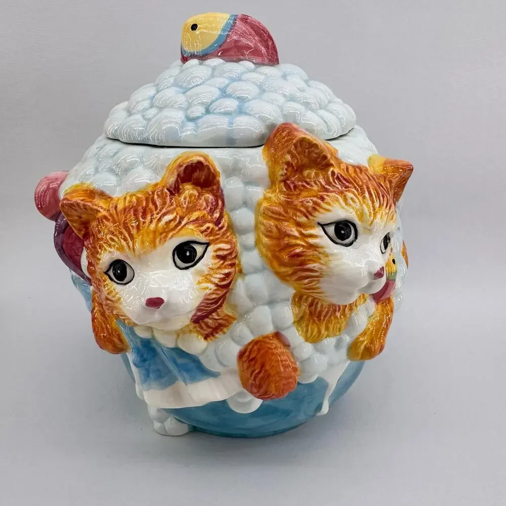 Vintage ANCO Kitten Cat Ceramic Cookie Jar & Lid Bubble Bath With Fish 1970's